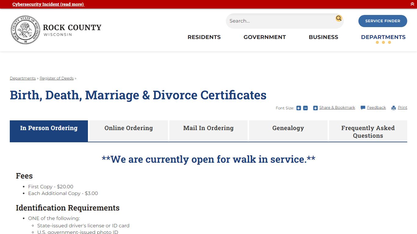 Birth, Death, Marriage & Divorce Certificates | Rock County, WI