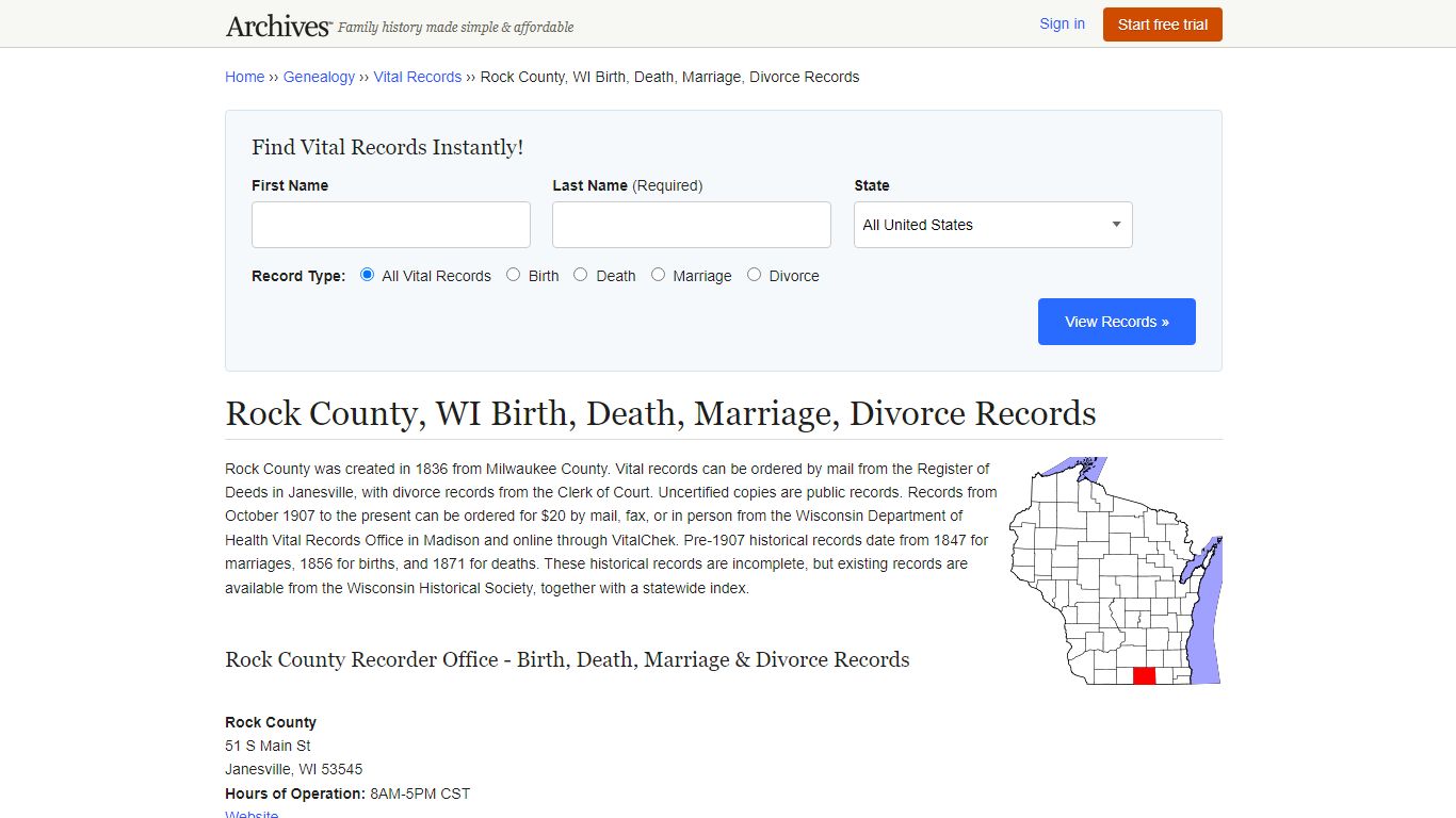 Rock County, WI Birth, Death, Marriage, Divorce Records - Archives.com